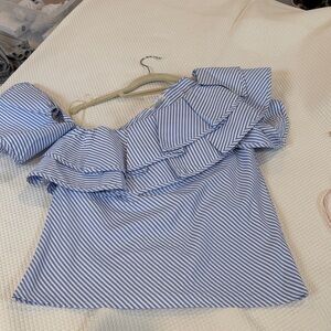 Main Strip Blue and White Ruffled Off-Shoulder Blouse